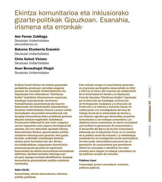 Acción comunitaria y políticas sociales de inclusión en Gipuzkoa. Significado, alcance y retos (en euskera))